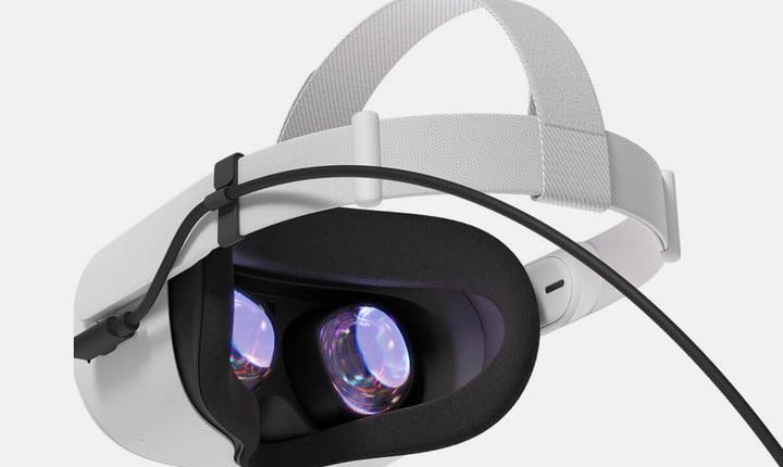 Oculus Quest 2 headset connected with an Oculus Link cable.