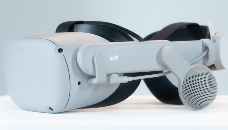 An Oculus Quest 2 VR headset equipped with a Logitech Chorus accessory