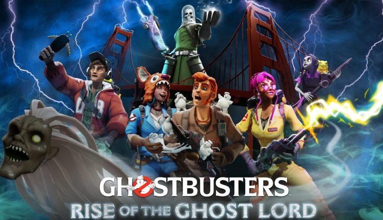 Art of Oculus Quest 2 game 'Ghostbusters: Rise of the Ghost Lord' with game characters and logo
