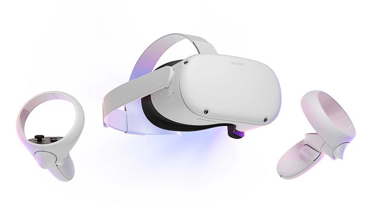 Oculus Quest 2 VR headset with controller on white backdrop